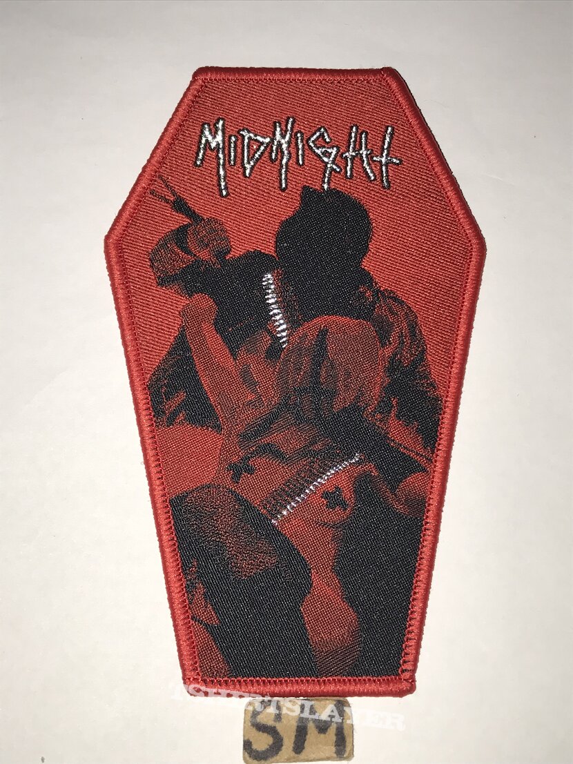 Midnight Here Comes Sweet Death coffin patch red border 