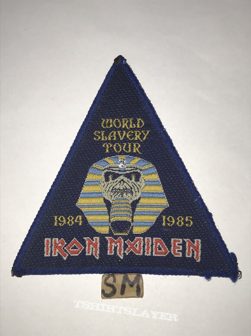 Iron Maiden World Slavery Tour triangle patch blue border 