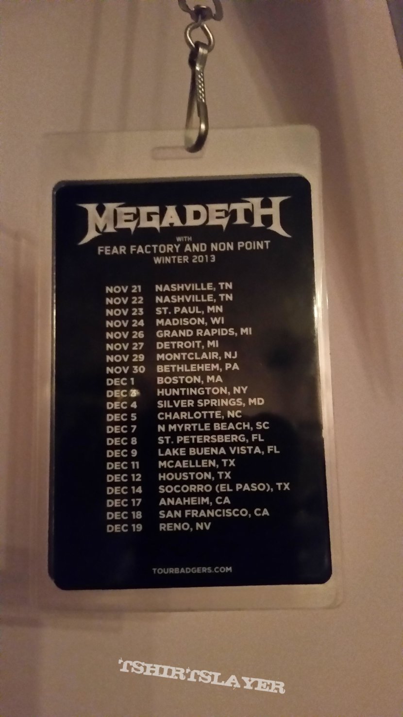 Megadeth VIP Backstage laminate, Fear Factory, &amp; Non Point Winter 2013 US tour VIP backstage pass