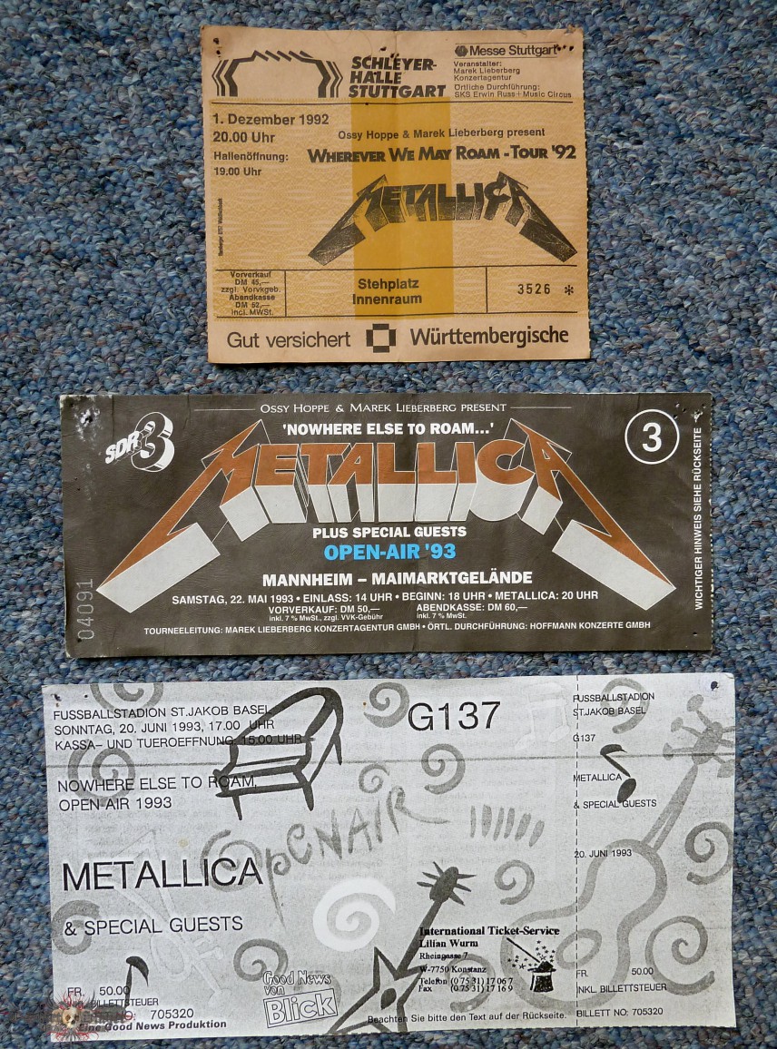 Metallica Tickets 1992 1993 (2x) + Snake Pit Pass 1993 + guitar picks