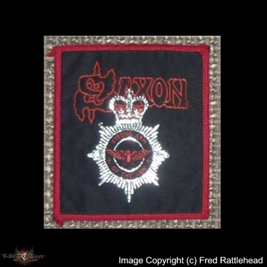 Saxon Strong Arm of the Law Woven Patch silver-glittered red border