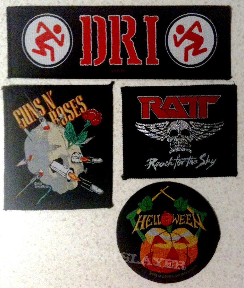 D.R.I. strip patch, Guns N Roses - Appetite for Destruction (Skull) patch, Ratt - Reach for the Sky patch, Helloween patch