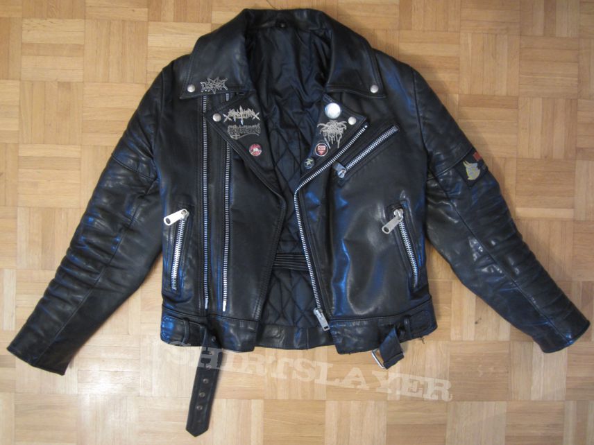 Desaster Black Leather Jacket with Metal Pins, Buttons &amp; Iron Maiden Patch