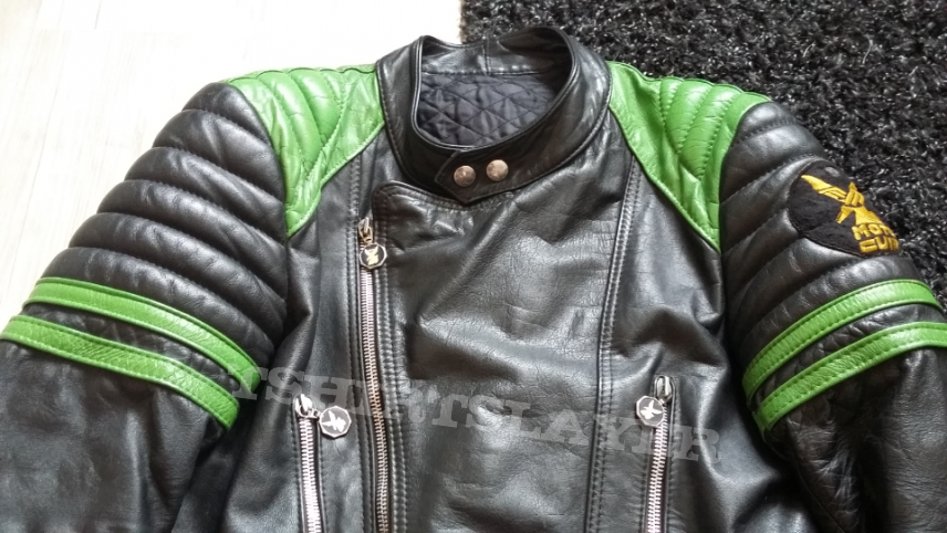 - MOTO CUIR Size L/XL Leather Jacket black/green Original 70s