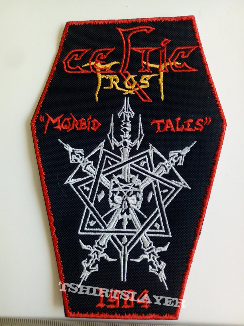 Celtic Frost big  morbid tales coffin patch c192 red border  15.5 x 10 cm