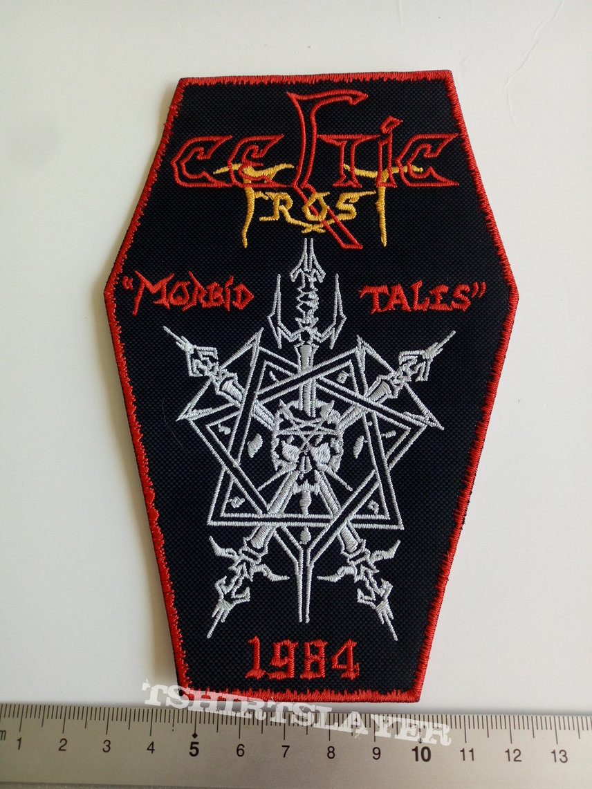 Celtic Frost big  morbid tales coffin patch c192 red border  15.5 x 10 cm