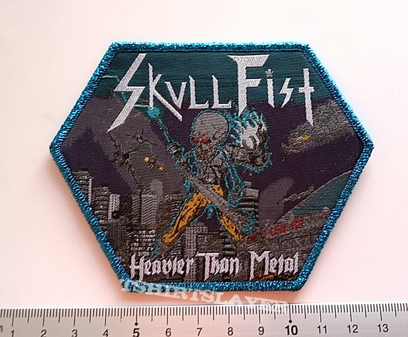 Skull Fist  Heavier than Metal woven patch s69  blue gltter  border