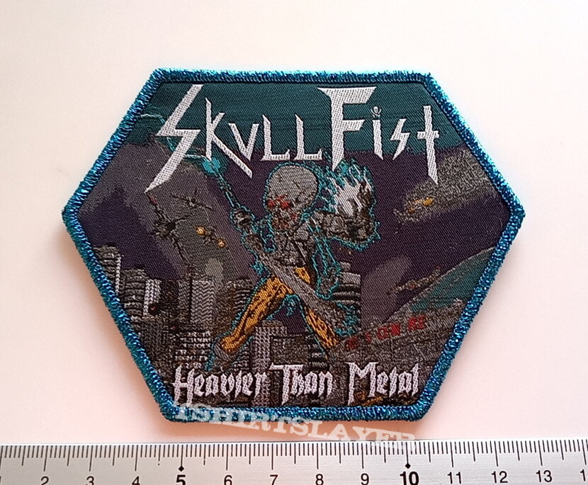 Skull Fist  Heavier than Metal woven patch s69  blue gltter  border