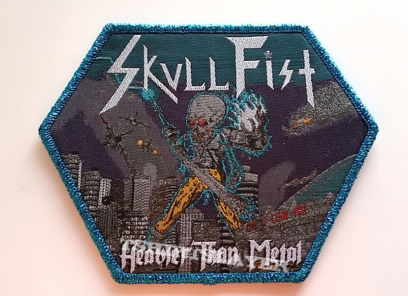 Skull Fist  Heavier than Metal woven patch s69  blue gltter  border