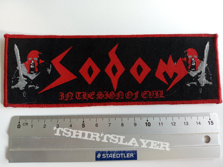 Sodom in the sign of evil strip patch s154 -- 5.5 x 17 cm red border