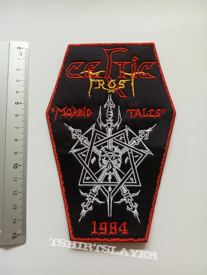Celtic Frost big  morbid tales coffin patch c192 red border  15.5 x 10 cm