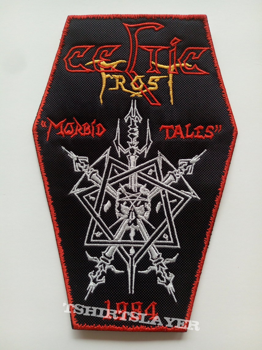 Celtic Frost big  morbid tales coffin patch c192 red border  15.5 x 10 cm