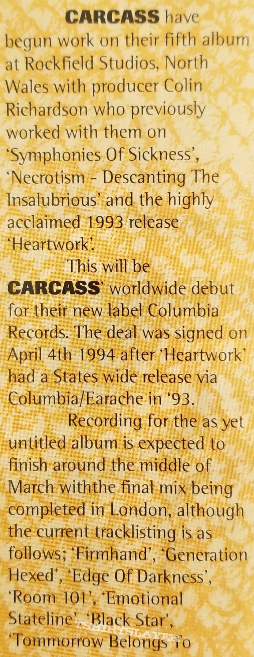Carcass &#039; Swansong &#039; Original Vinyl LP + Ads