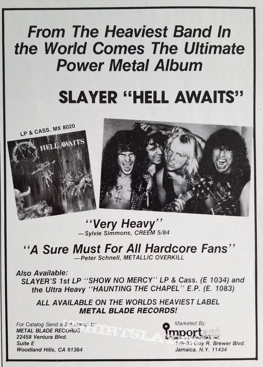 Slayer &#039; Hell Awaits &#039; Original Vinyl LPs + Promotional Ads