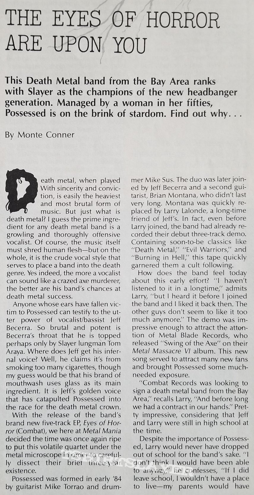 Possessed &#039; The Eyes Of Horror &#039; Original Vinyl LP + Promotional Ads