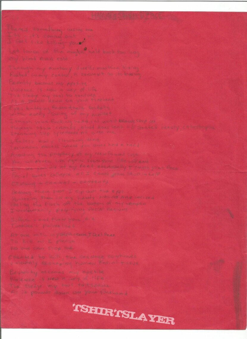 Cannibal Corpse Hammer Smashed Face handwritten lyrics