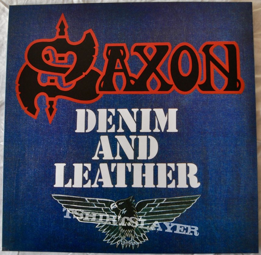 Saxon ‎– Denim And Leather Blue with White &amp; Gray Splatter Vinyl