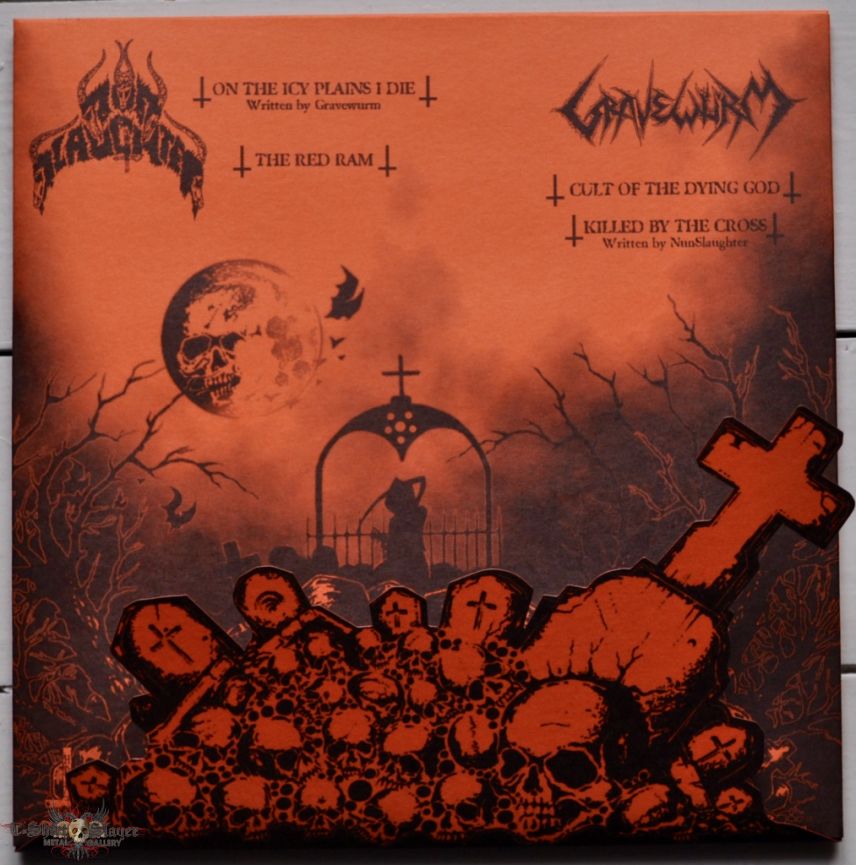 NunSlaughter / Gravewürm Split 7&quot; Original Orange/Black Splatter Vinyl