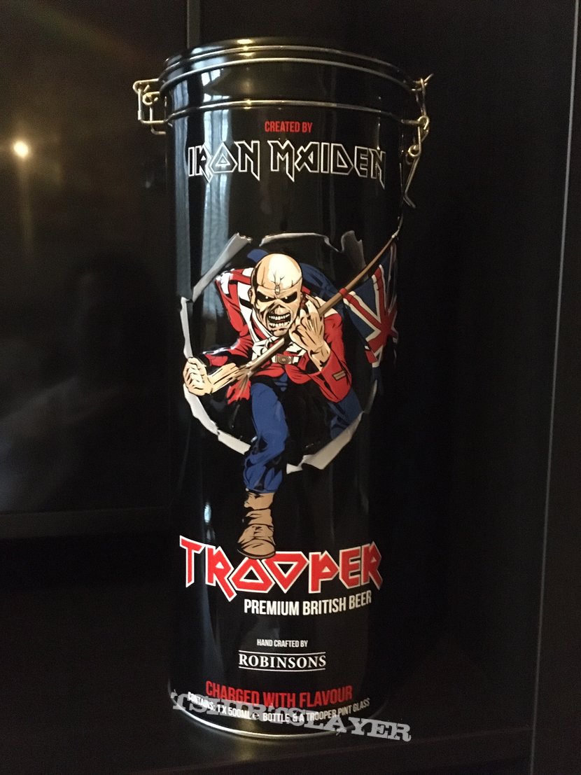 Iron Maiden Trooper beer gift set in black embossed tin.