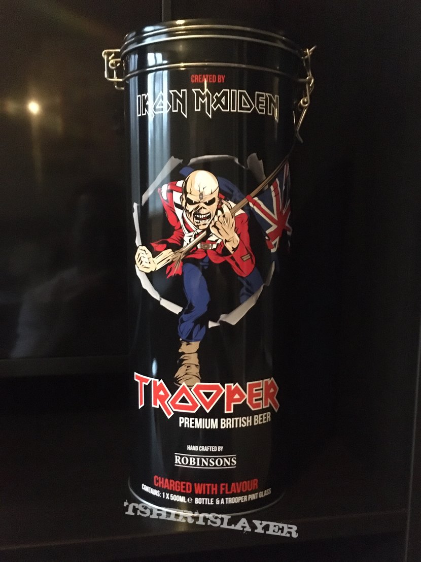 Iron Maiden Trooper beer gift set in a black tin, not embossed, smooth finish.