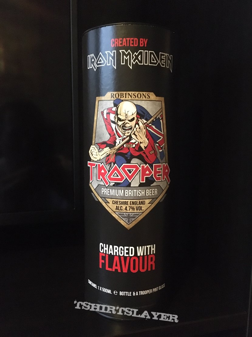 Iron Maiden Trooper beer gift set new label version in a tube.