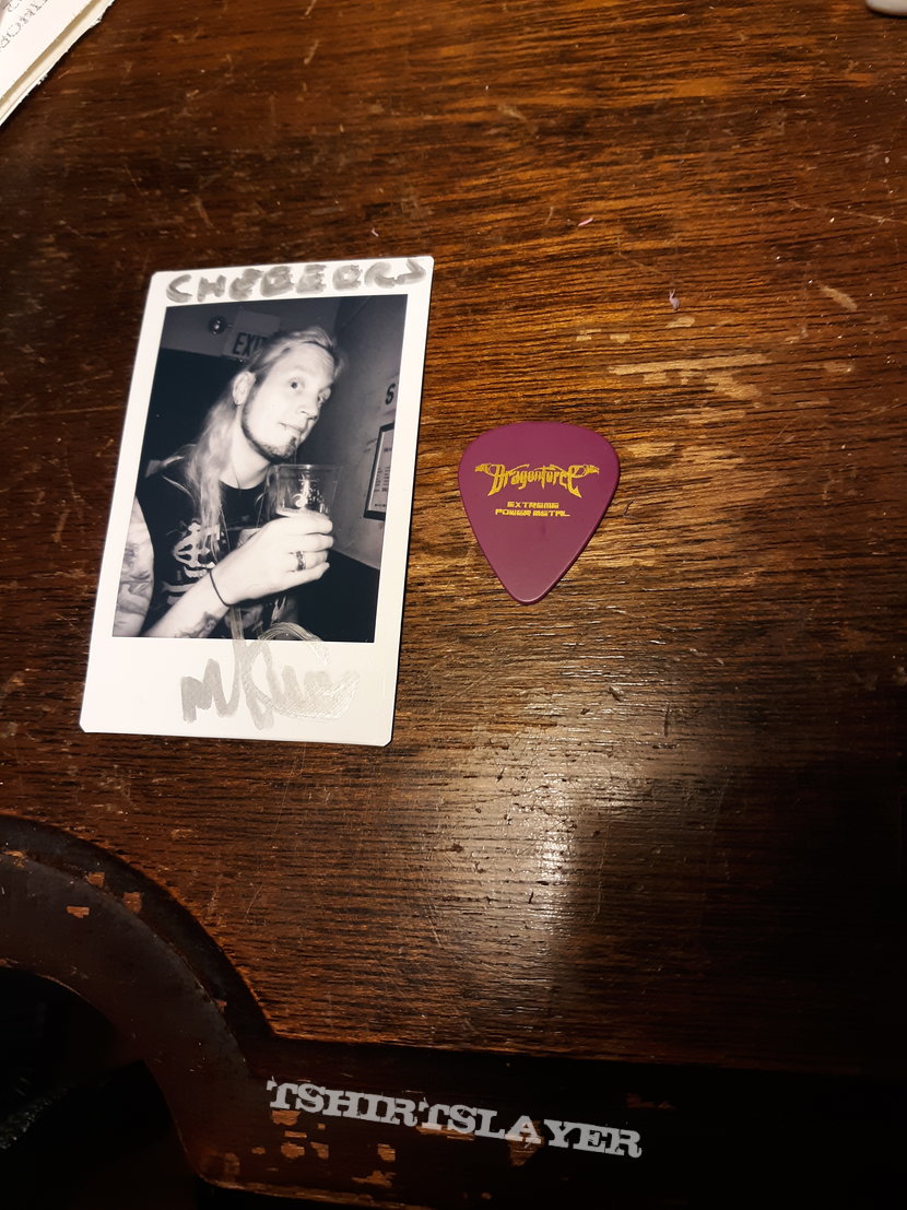 Dragonforce Autographed Polaroid and guitar pick 