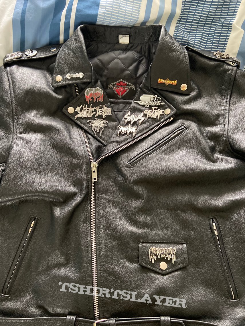 Entombed Leather Jacket with Pin Badges | TShirtSlayer TShirt and ...