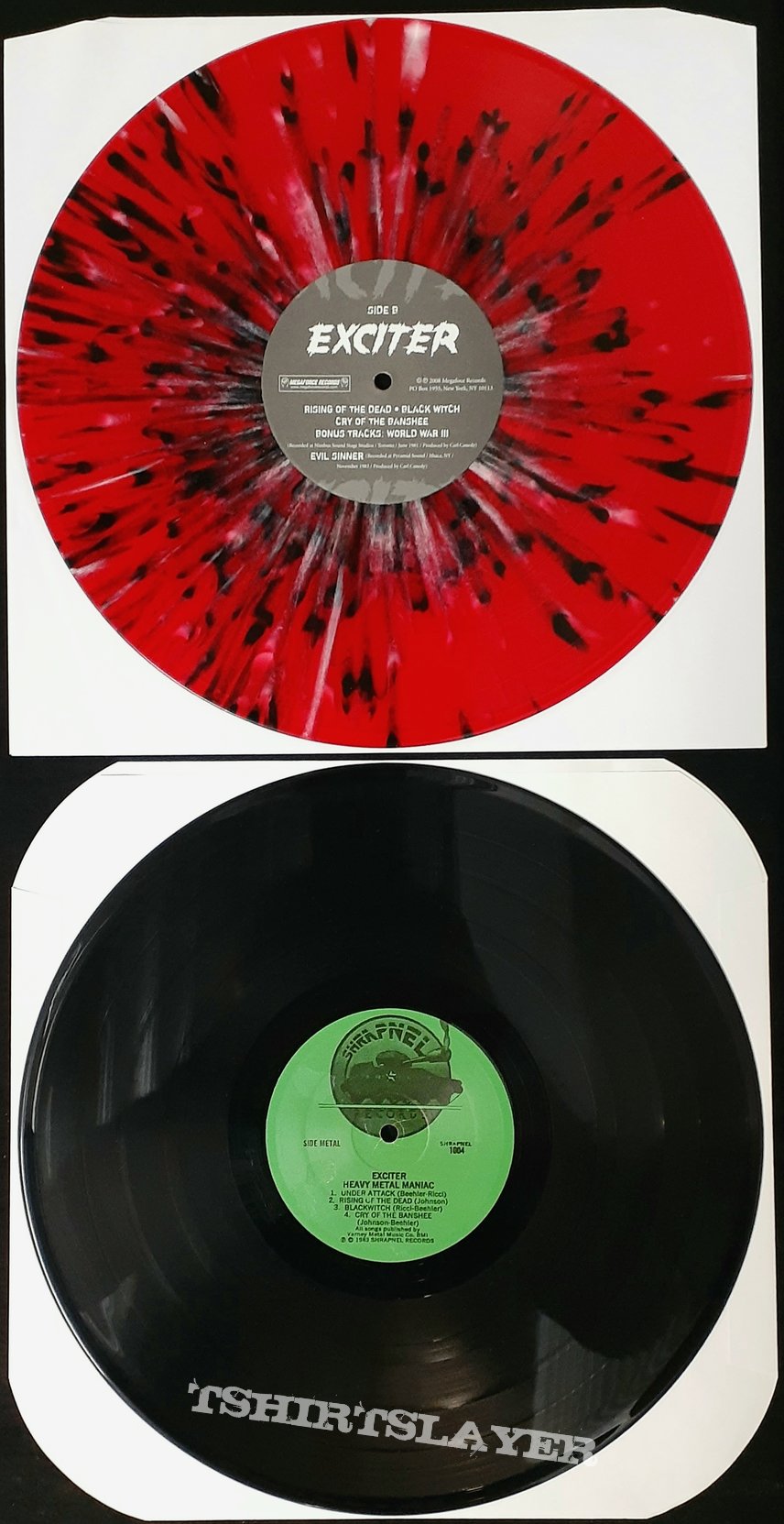 (2×) Exciter/ Heavy Metal Maniac/ lp/ 1983/ (autographed) &amp; 2008 repress/ (splatter vinyl)