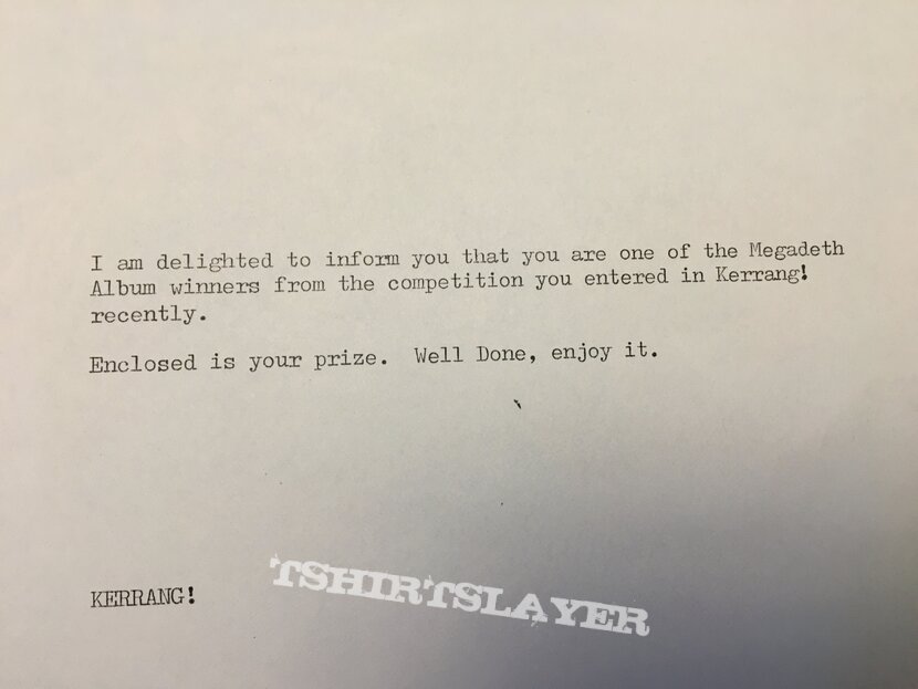 Megadeth Kerrang! competition winner letter Megadeth Kerrang! competition winner letter
