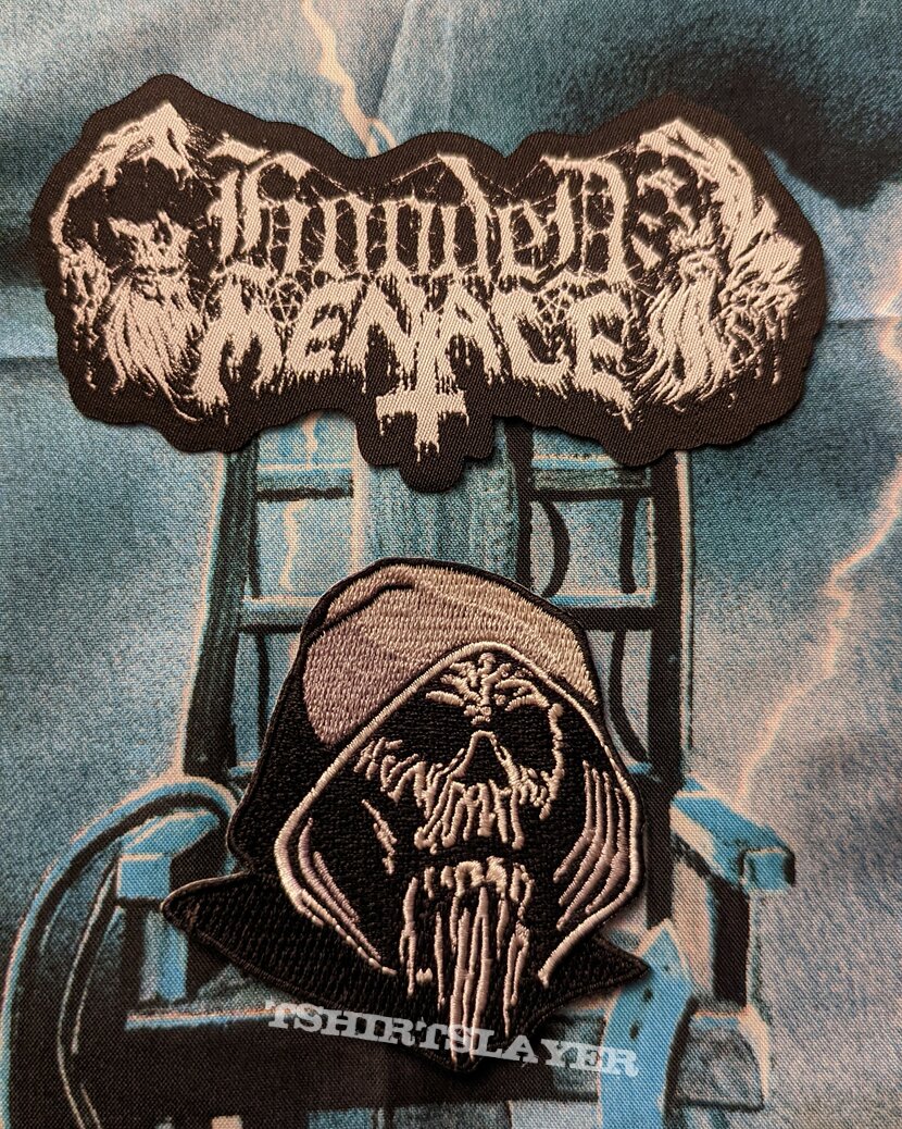 Hooded Menace woven logo patch + a Tombs of the Blind Dead embroidered patch