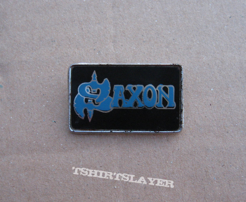 SAXON blue logo on black background Clubman 1980s metal pin