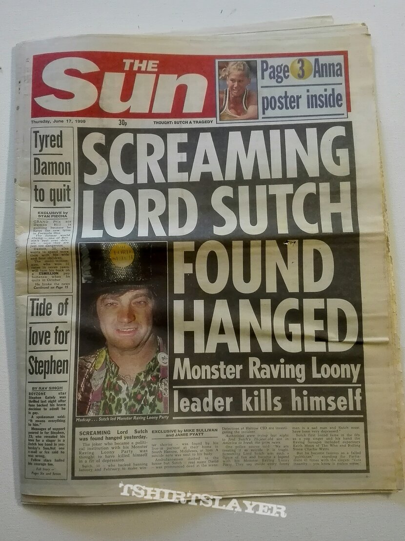 Frontpage news on death of Lord Sutch