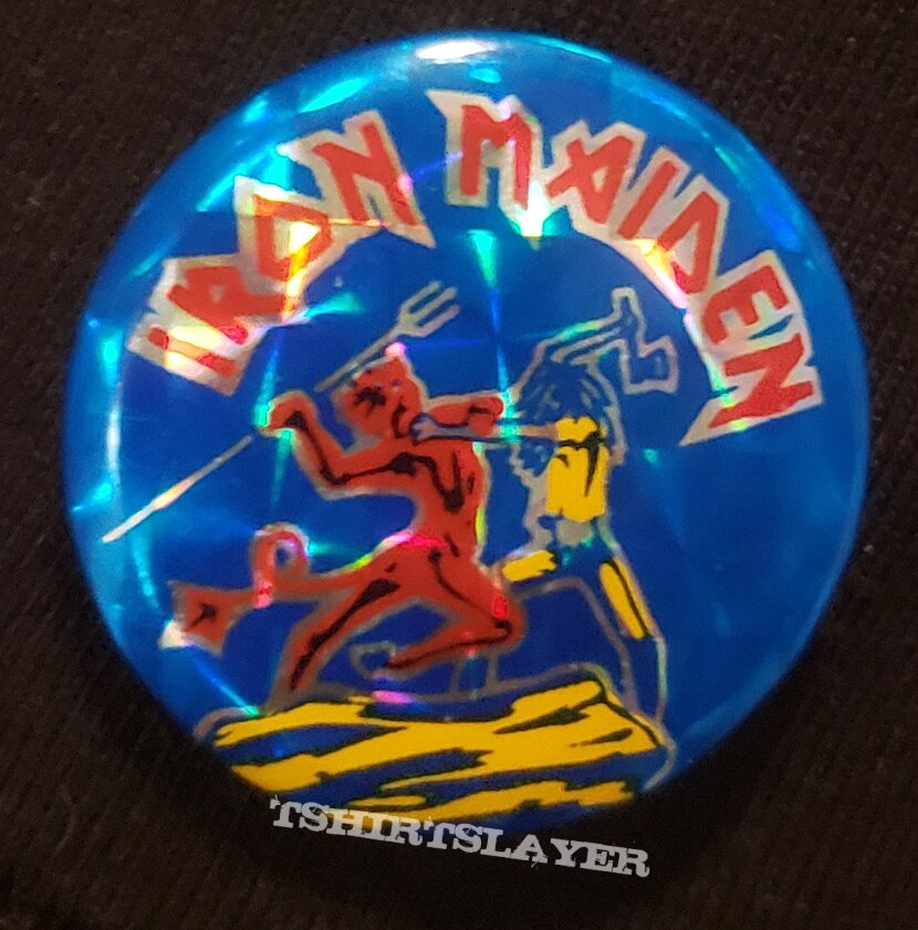 1980s iron maiden prismatic button pin 