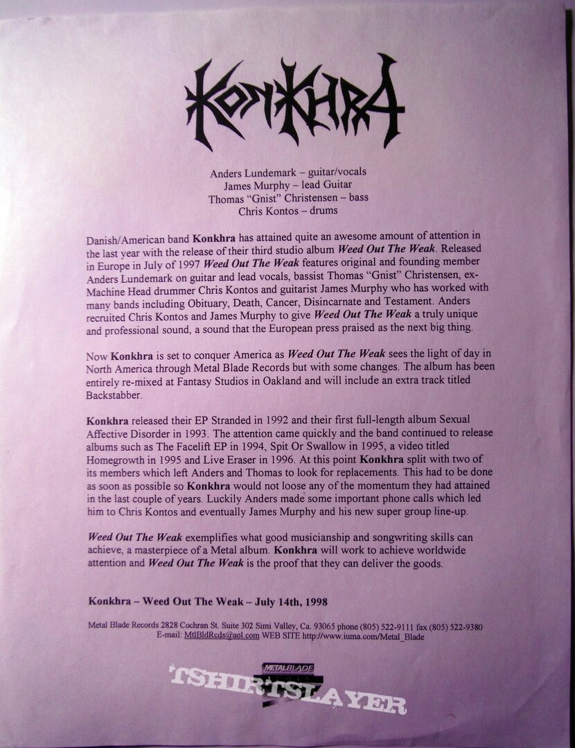 Konkhra - Weed Out the Weak - Metal Blade Promo Photo &amp; Press Info 1998