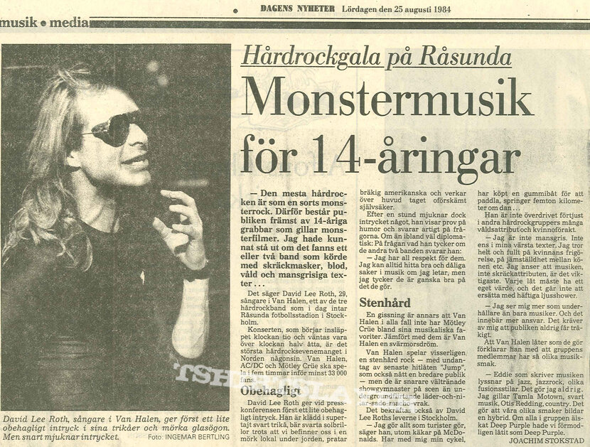 Van Halen Newspaper article Monsters of Rock 1984 Stockholm