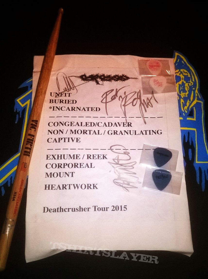 Carcass - Deathcrusher Tour 2015 - signed setlist + picks + signed drumstick