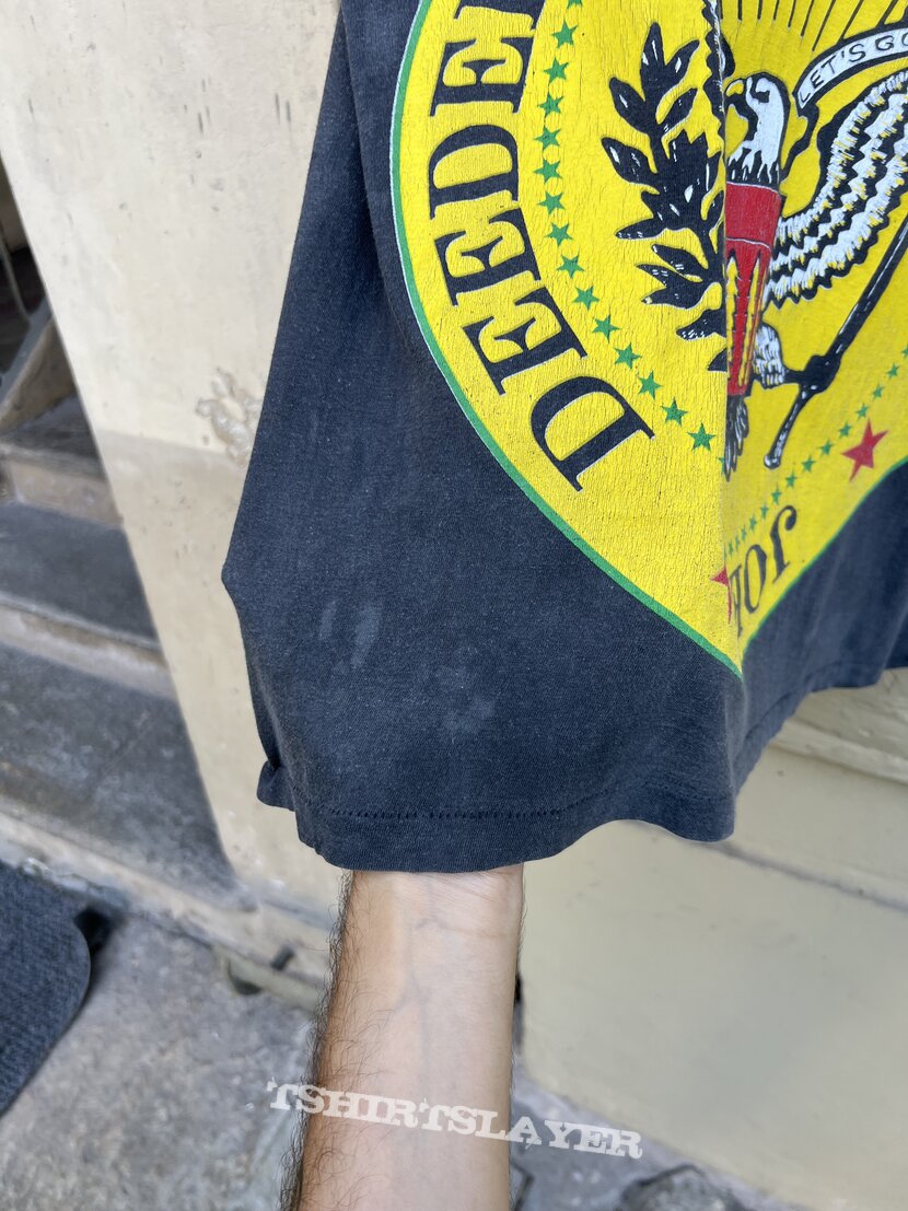 1990's Ramones "Hey Oh, Let's Go" Helter Skelter Merchandising Double Print T Shirt 1990's Ramones "Hey Oh, Let's Go" Helter Skelter Merchandising Double Print T Shirt