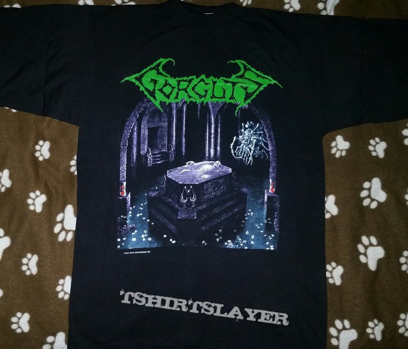 GORGUTS- Considered Dead 1992 T-shirt (Version #2, Mausoleum/Tomb in purple/white print)