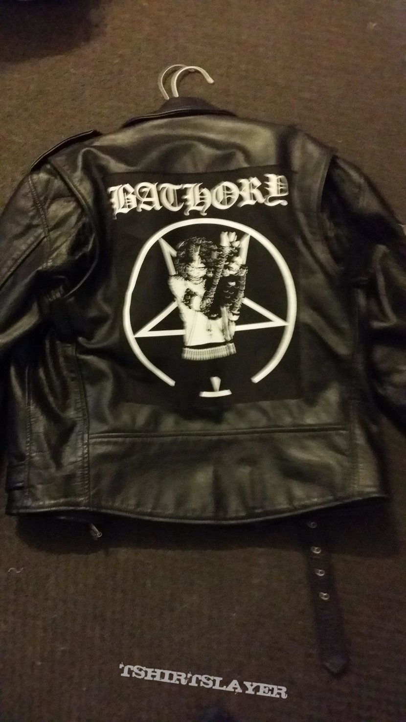 Bathory Satanic Warmaster Marduk Leather Jacket, sleeve symbols painted, backpatch