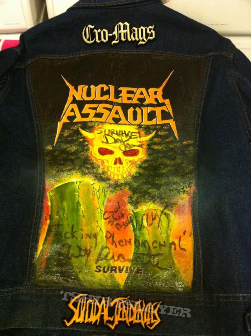 Battle Jacket - Nuclear Assault Survive painted on denim done in 1989 by Vinnie Daze  R.I.P. from Demolition Hammer and autographed by N.A.