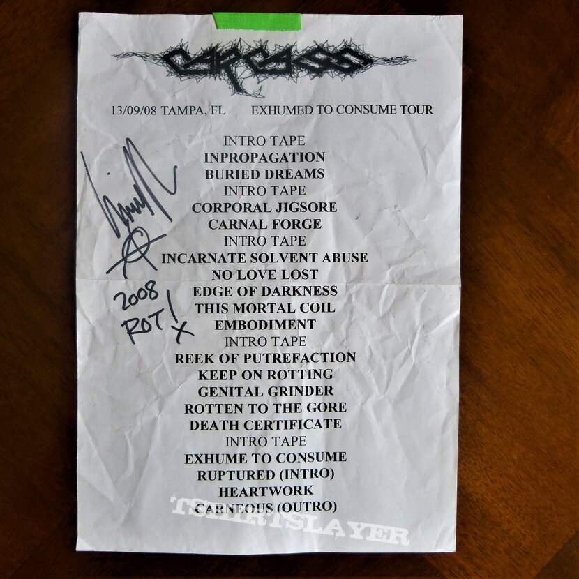 Carcass - Exhumed to Consume  Reunion Tour 2008 SET LIST 