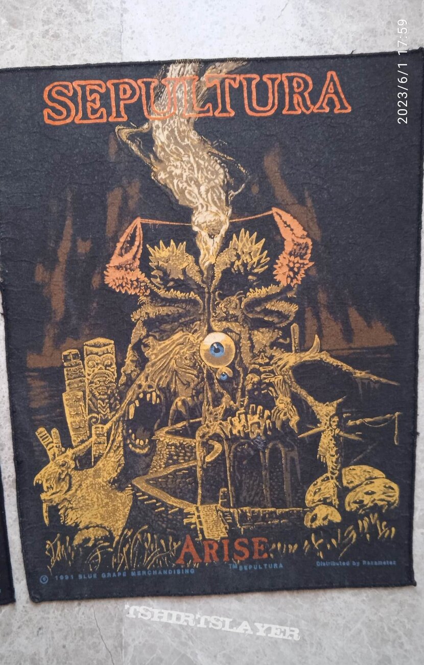 Sepultura Arise backpatches with colour variation.