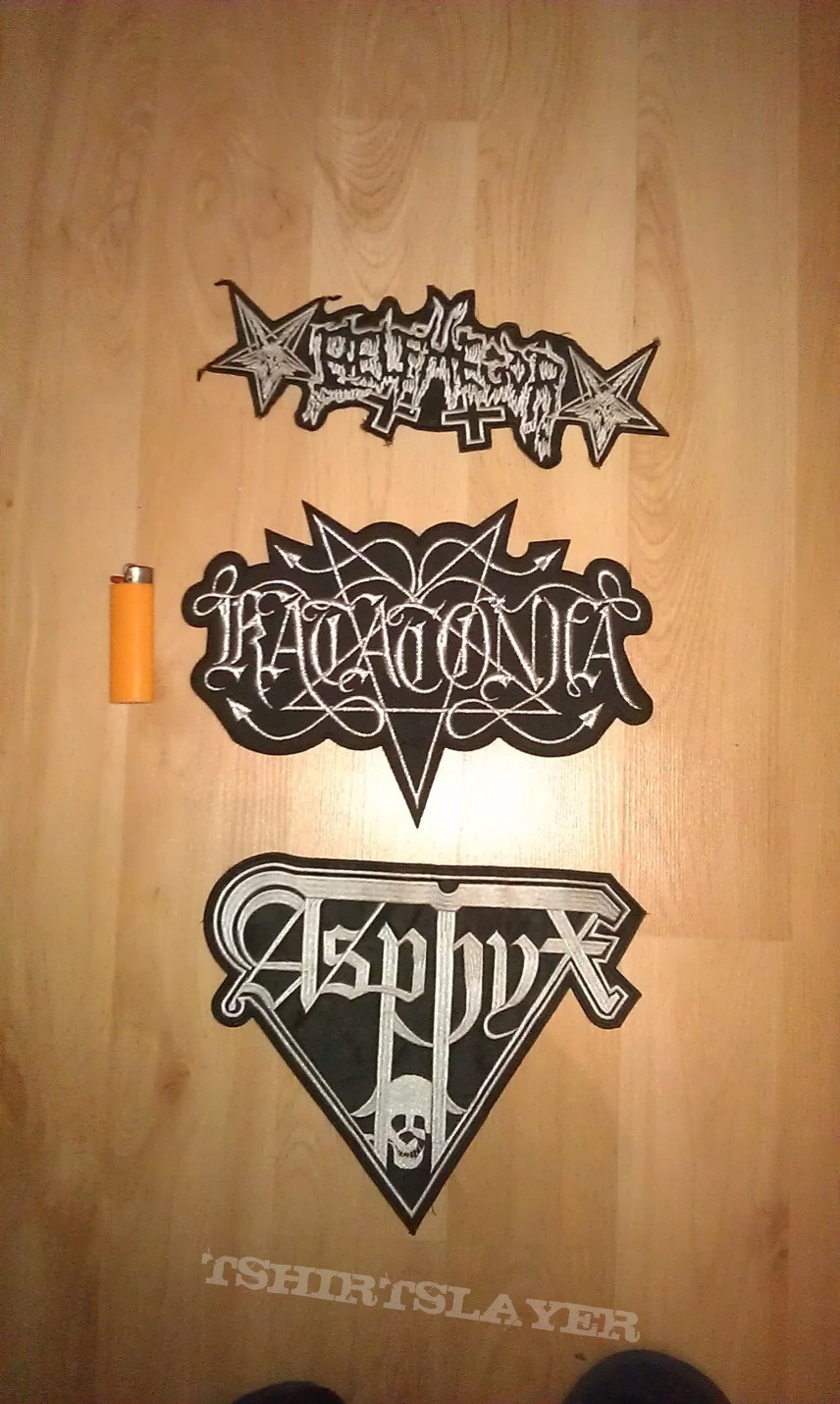 paradise lost backpatch, iron maiden pin, entombed patch, death patch