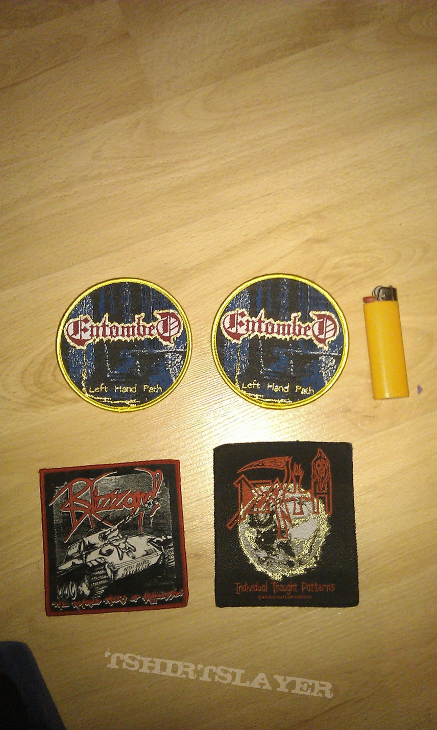 paradise lost backpatch, iron maiden pin, entombed patch, death patch