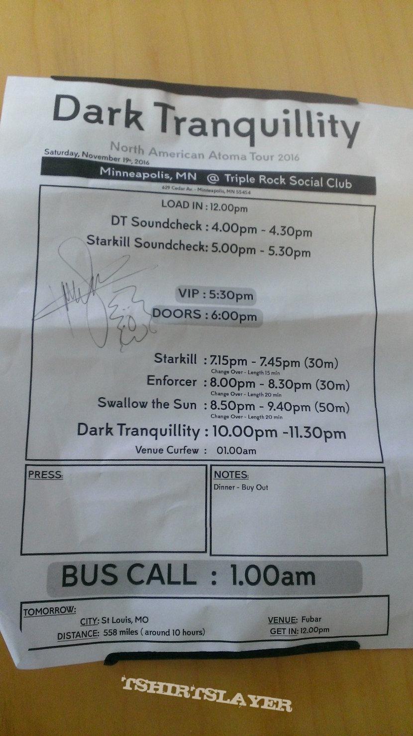 Dark Tranquillity 11/19/16 show schedule signed by Mikael Stanne