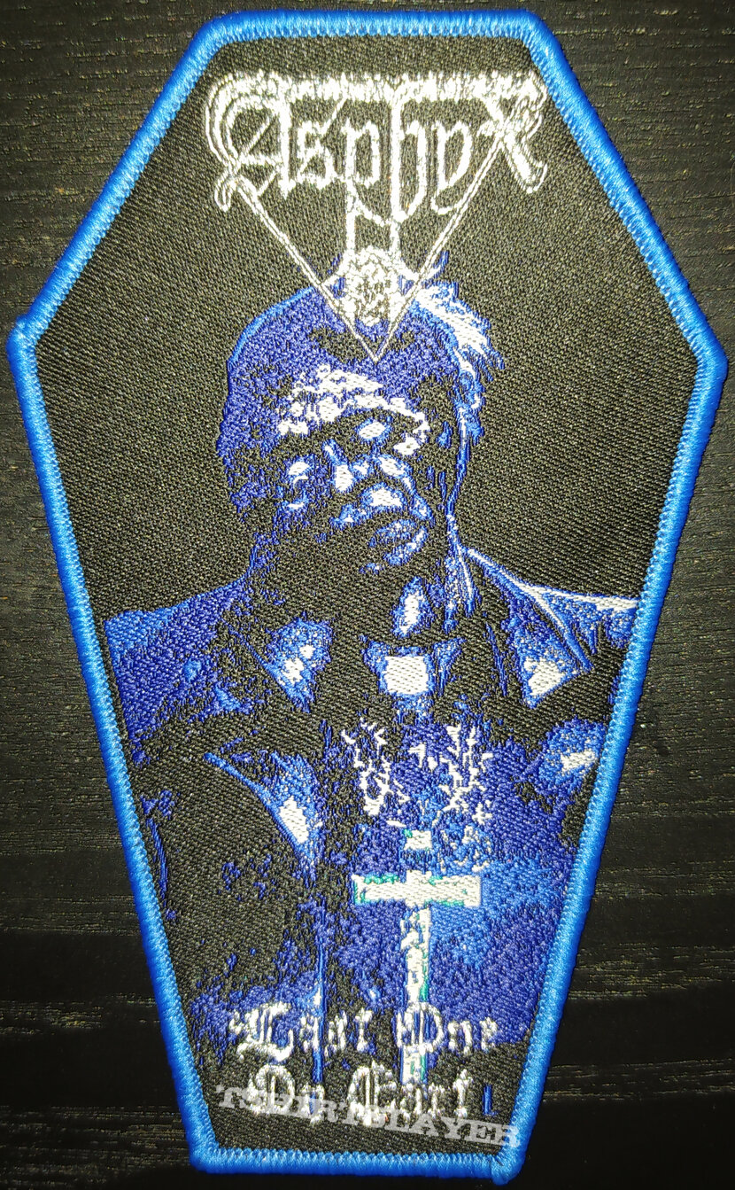 Asphyx - Last One on Earth coffin shaped patch (blue border)