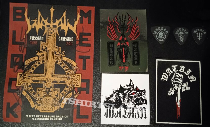 Watain patch plus signed flyer stickers guitar picks and a badge